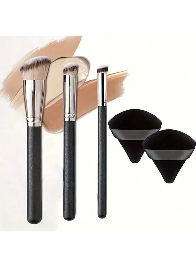 3Pcs Foundation Brush And 2Pcs Black Powder Puff Makeup Brush Set - Image 1